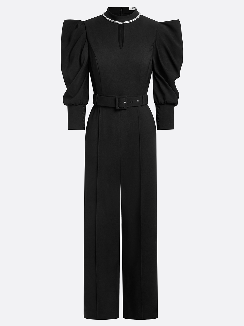 Black Pocket Stitching Puff Sleeve Jumpsuit With Belt