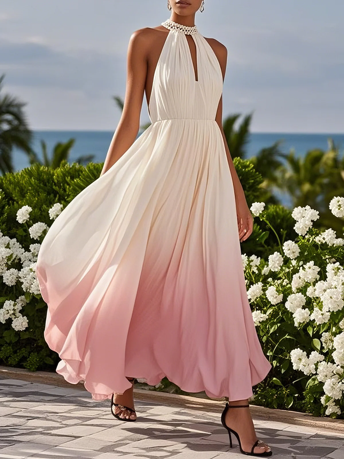 Pink Chiffon Halter Sleeveless A-Line Maxi Dress