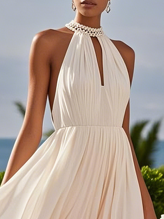 Pink Chiffon Halter Sleeveless A-Line Maxi Dress