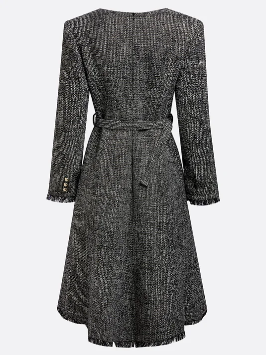 Black Buckle Square Neck Long Sleeve A-Line Midi Tweed Blazer Dress