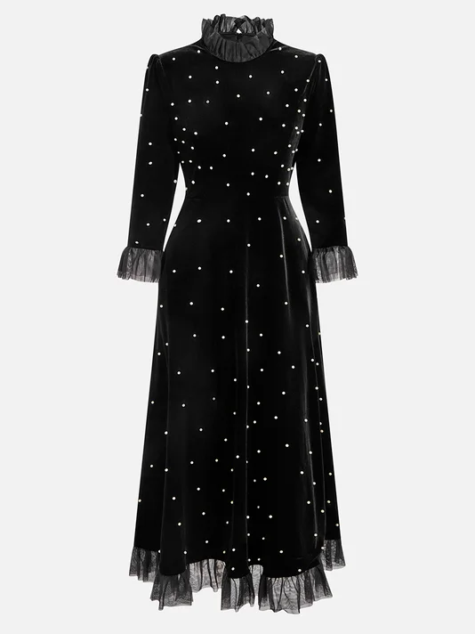 Black Beaded Ruffled Mock Neck Three Quarter Sleeve A-Line Maxi Velvet Dress