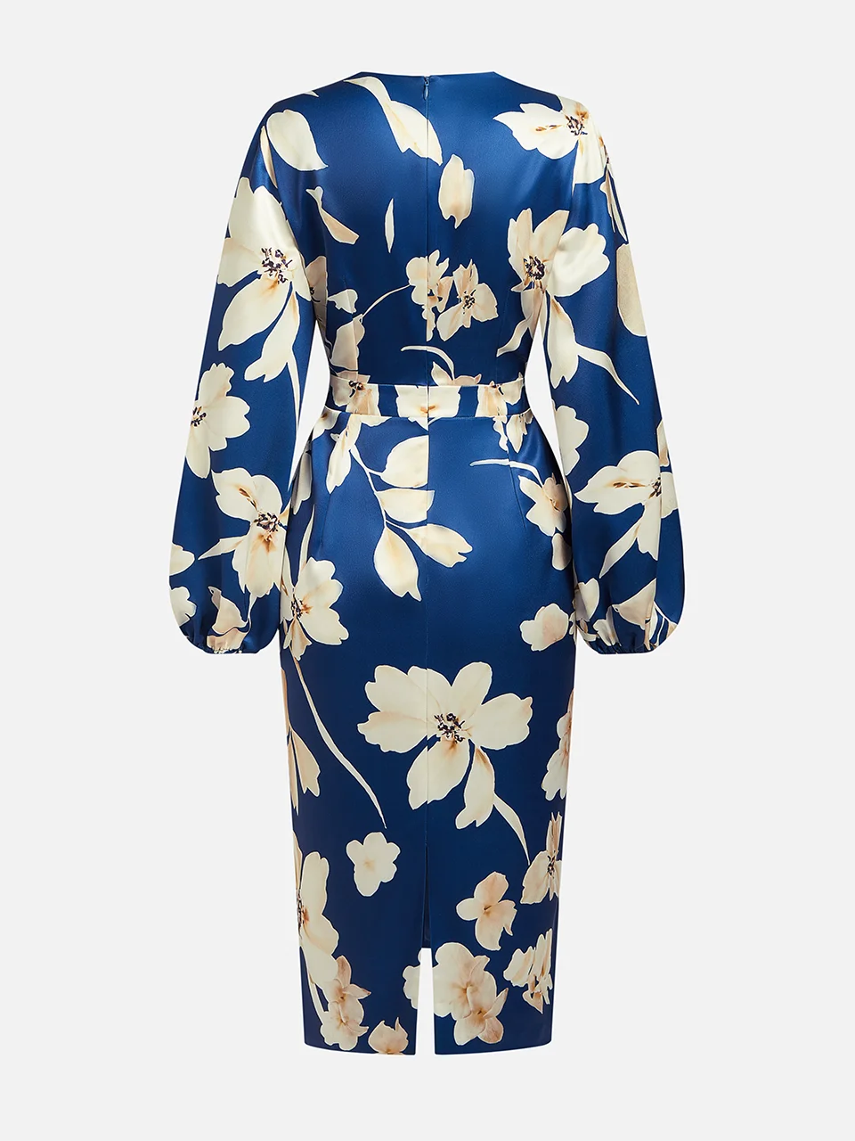 Blue Floral V Neck  Balloon Sleeve Midi Sheath Satin Dress