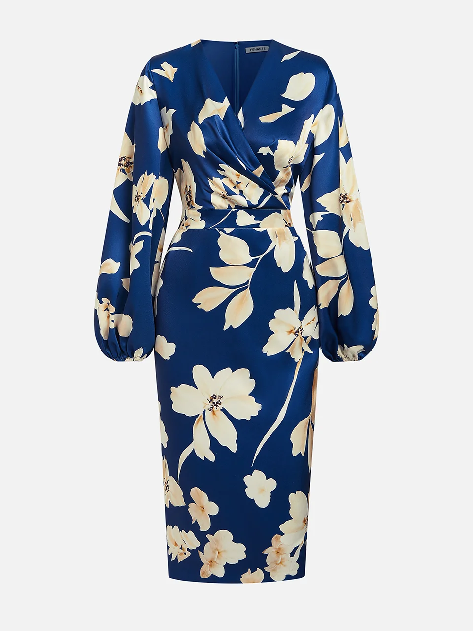 Blue Floral V Neck  Balloon Sleeve Midi Sheath Satin Dress
