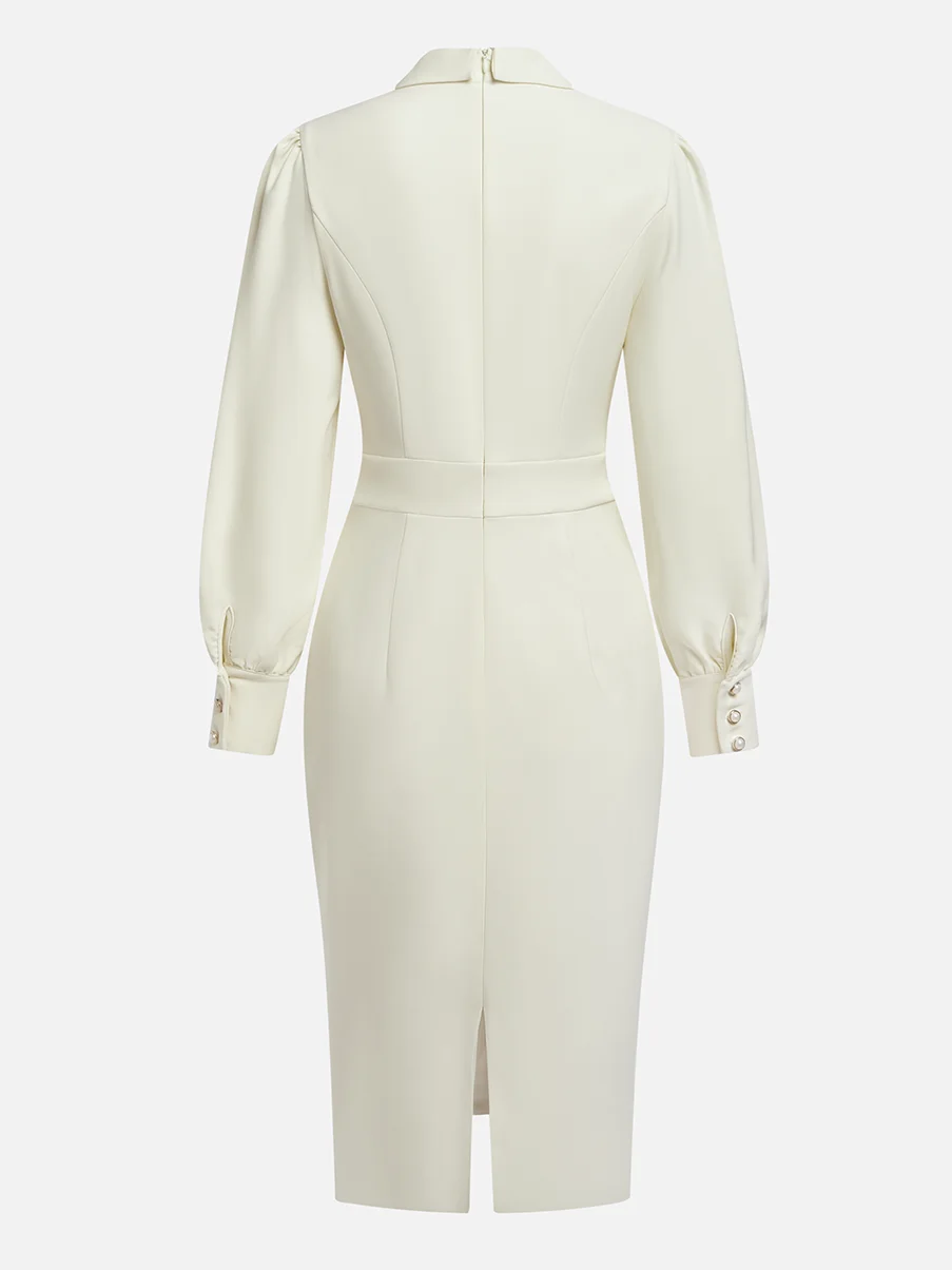 Light Blue Bow Neck Long Sleeve Sheath Midi Blazer Dress