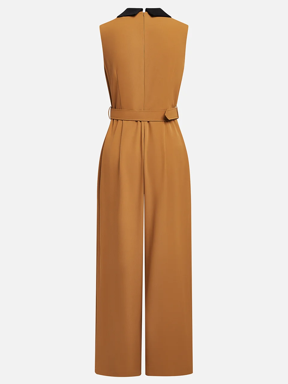 Yellow Brown Shawl Collar Sleeveless Wide-Leg Jumpsuit With Belt