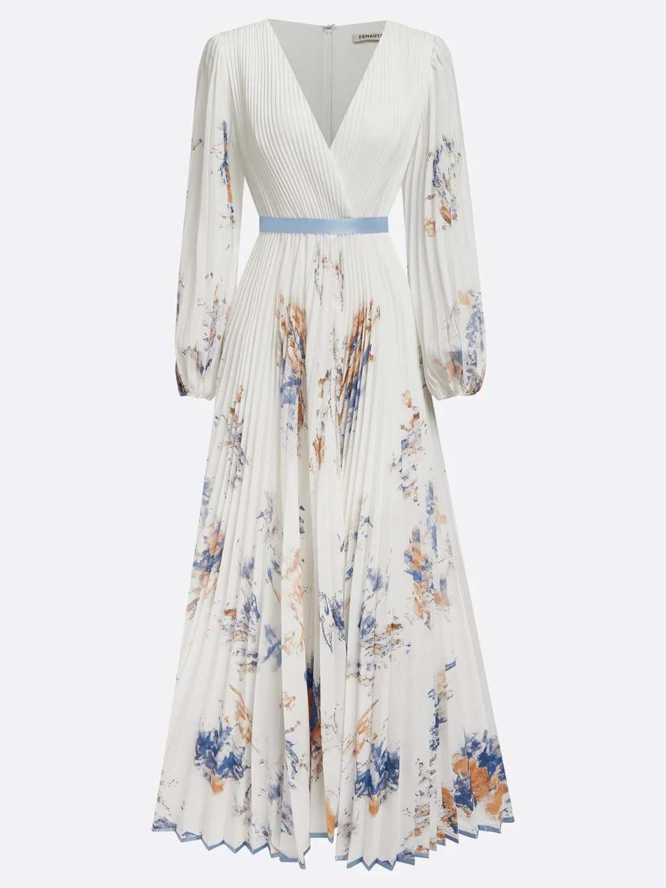 White Pleated Chiffon V Neck Floral Long Sleeve Balloon Sleeve A-Line Maxi Dress
