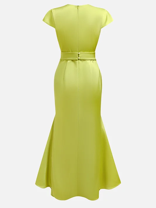 Green Floral Embroidered Cap Sleeve Slit Sheath  Maxi Dress