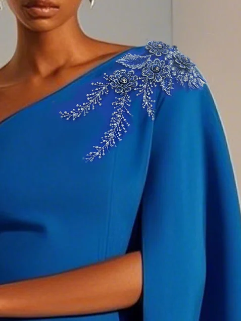 Blue Lace Classic One Shoulder Sleeveless Sheath Midi Dress