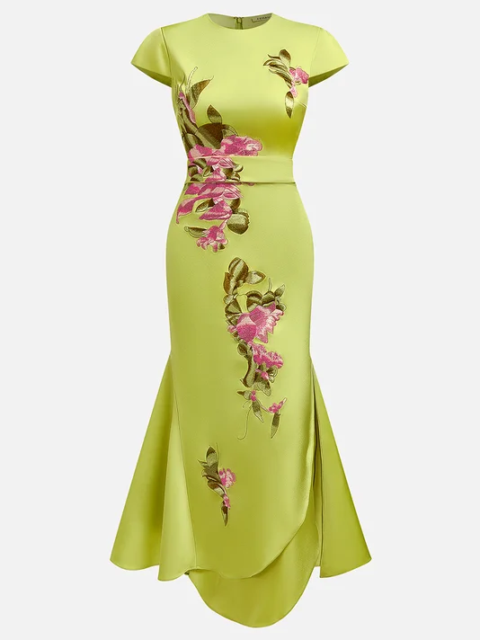 Green Floral Embroidered Cap Sleeve Slit Sheath  Maxi Dress