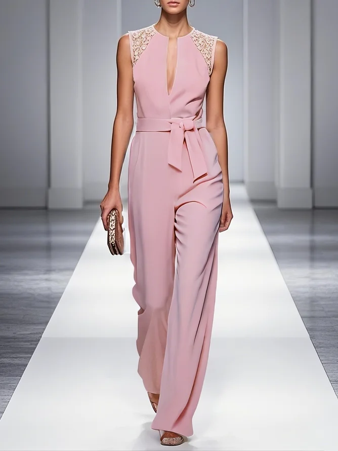 Pink Urban Plain Lace Jumpsuit With Belt