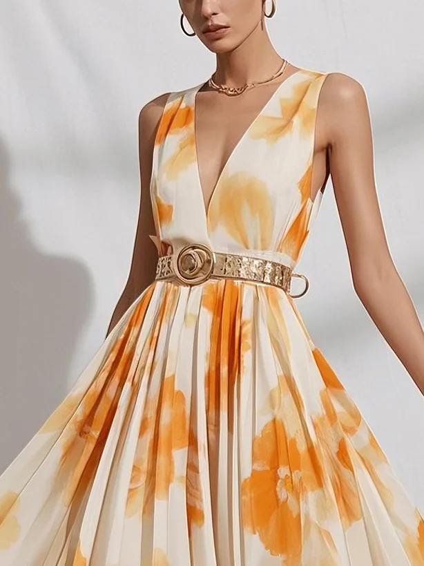 Yellow Chiffon V Neck Sleeveless A-Line Maxi Dress