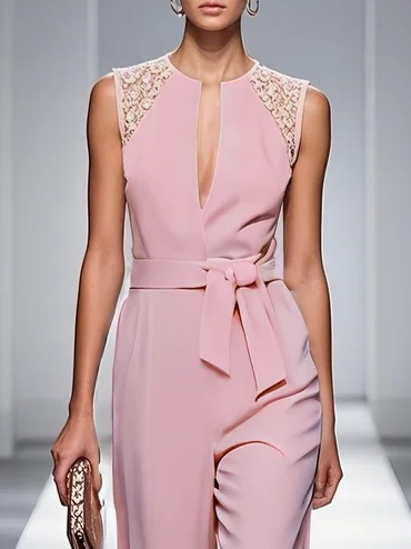 Pink Urban Plain Lace Jumpsuit With Belt