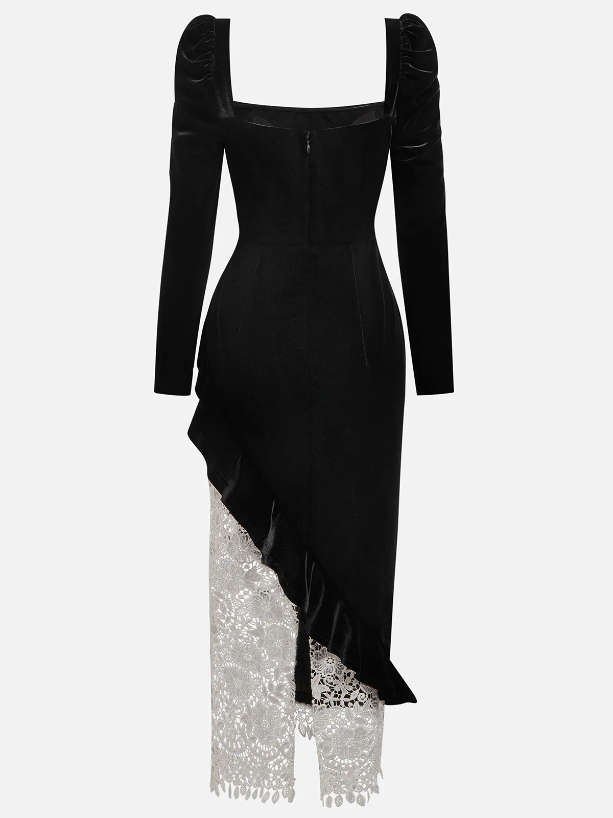 Black Lace Ruffled Square Neck Sheath Midi Velvet Dress