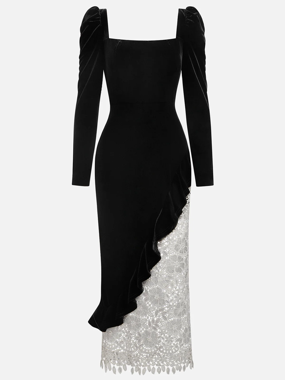 Black Lace Ruffled Square Neck Sheath Midi Velvet Dress