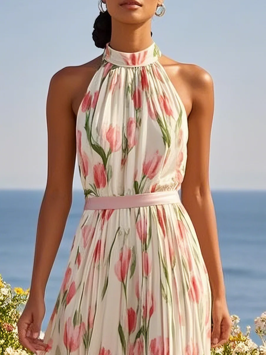 Pink Floral Crew Neck Sleeveless A-Line Maxi Chiffon Dress