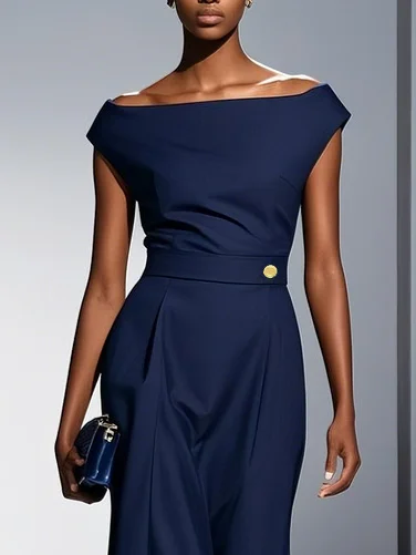 Purplish blue Buckle Classic Off The Shoulder Cap Sleeve H-Line Midi Dress