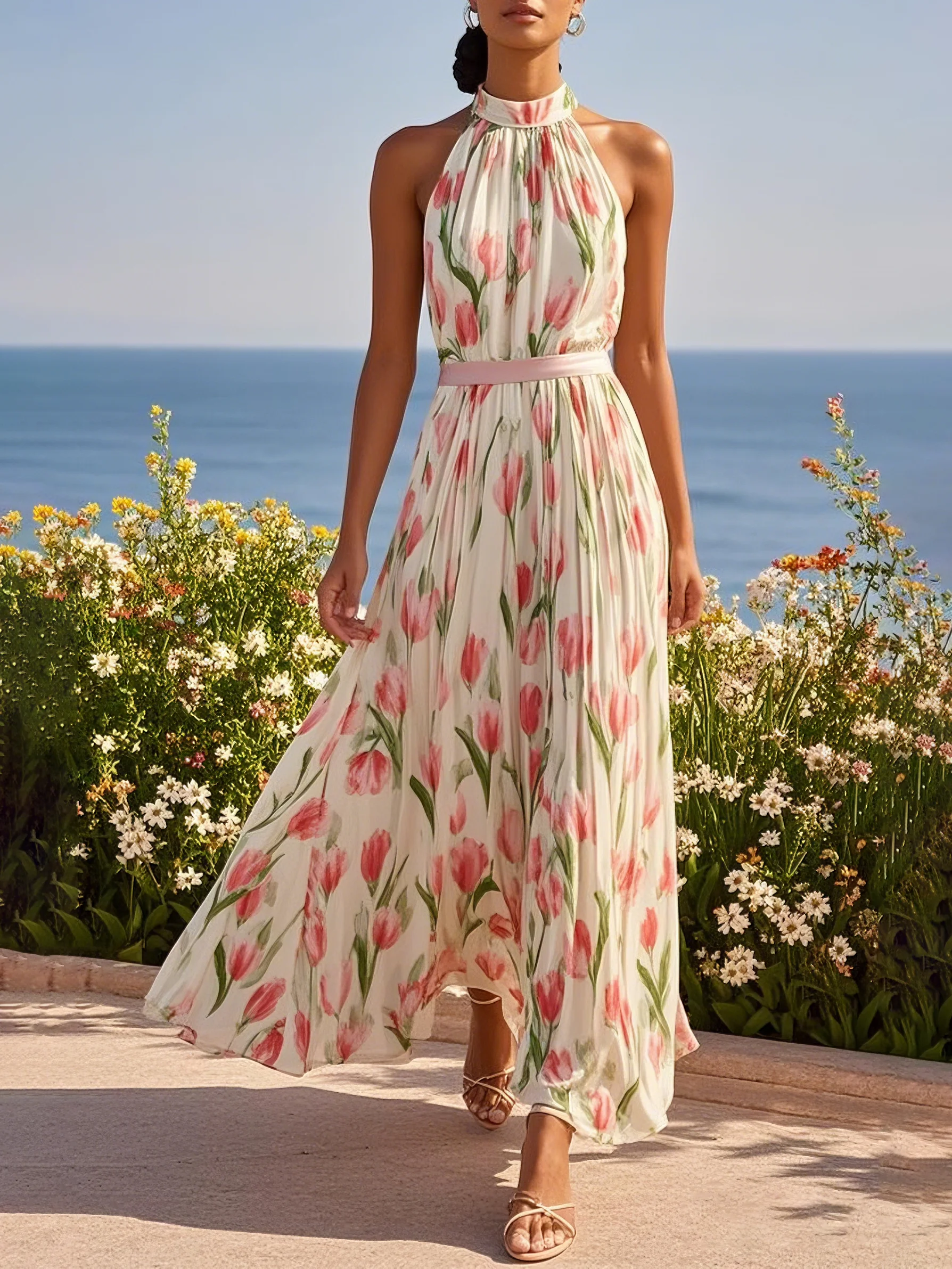Pink Floral Crew Neck Sleeveless A-Line Maxi Chiffon Dress