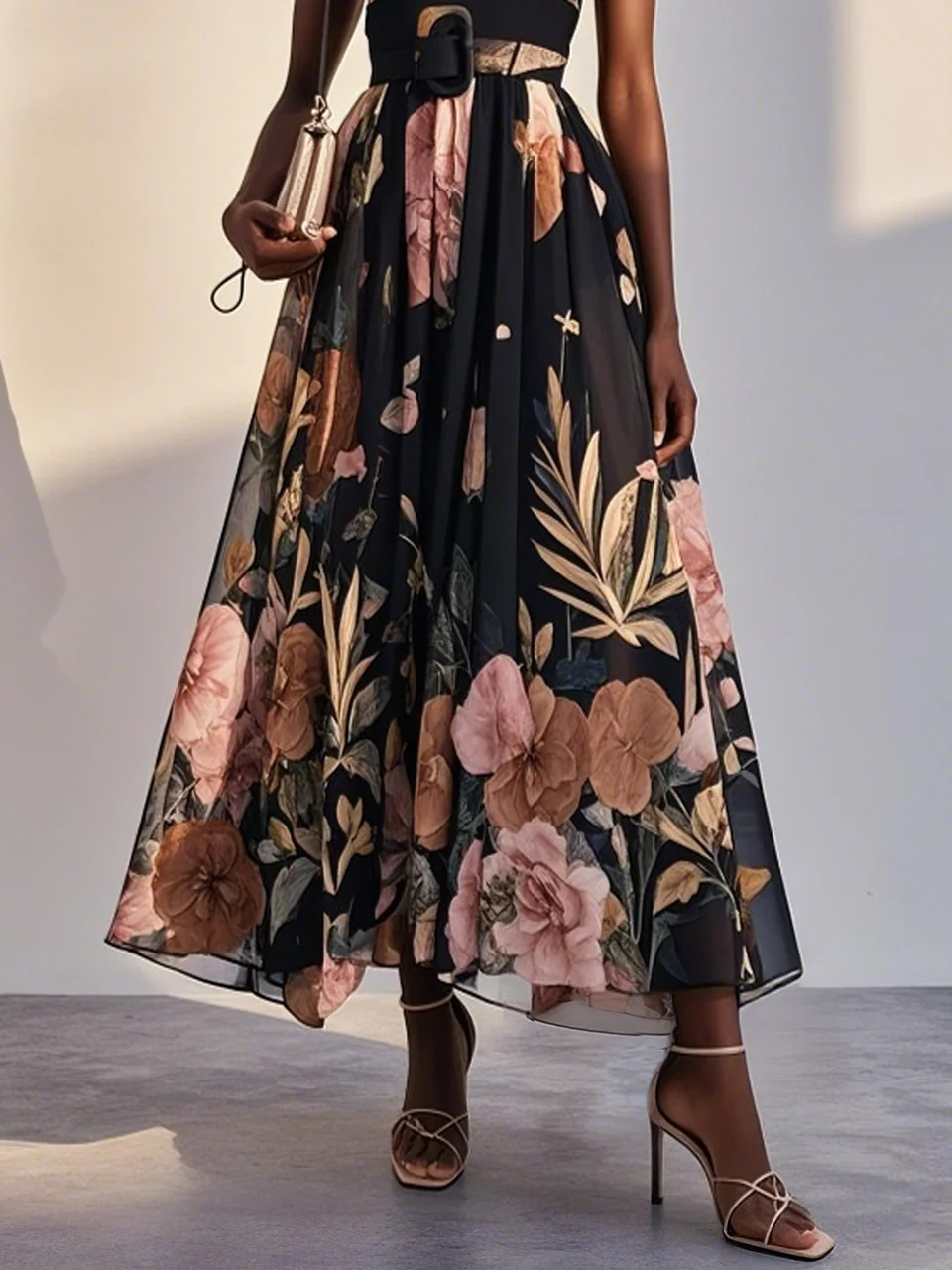 Black Floral Chiffon Strapless Sleeveless A-Line Midi Dress