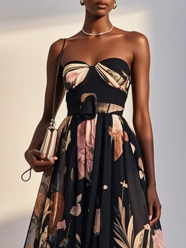 Black Floral Chiffon Strapless Sleeveless A-Line Midi Dress