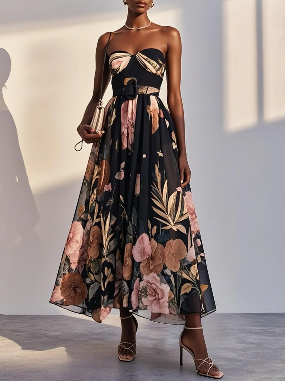 Black Floral Chiffon Strapless Sleeveless A-Line Midi Dress