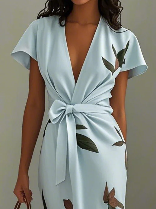 Light Blue Floral Satin V Neck Cap Sleeve Sheath Midi Dress