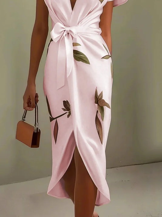 Pink Floral Satin V Neck Cap Sleeve Sheath Midi Dress