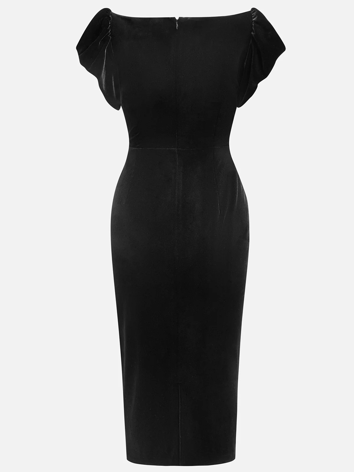 Black Lace Velvet Boat Neck Short Ruffle Sleeve Sheath Midi Dress