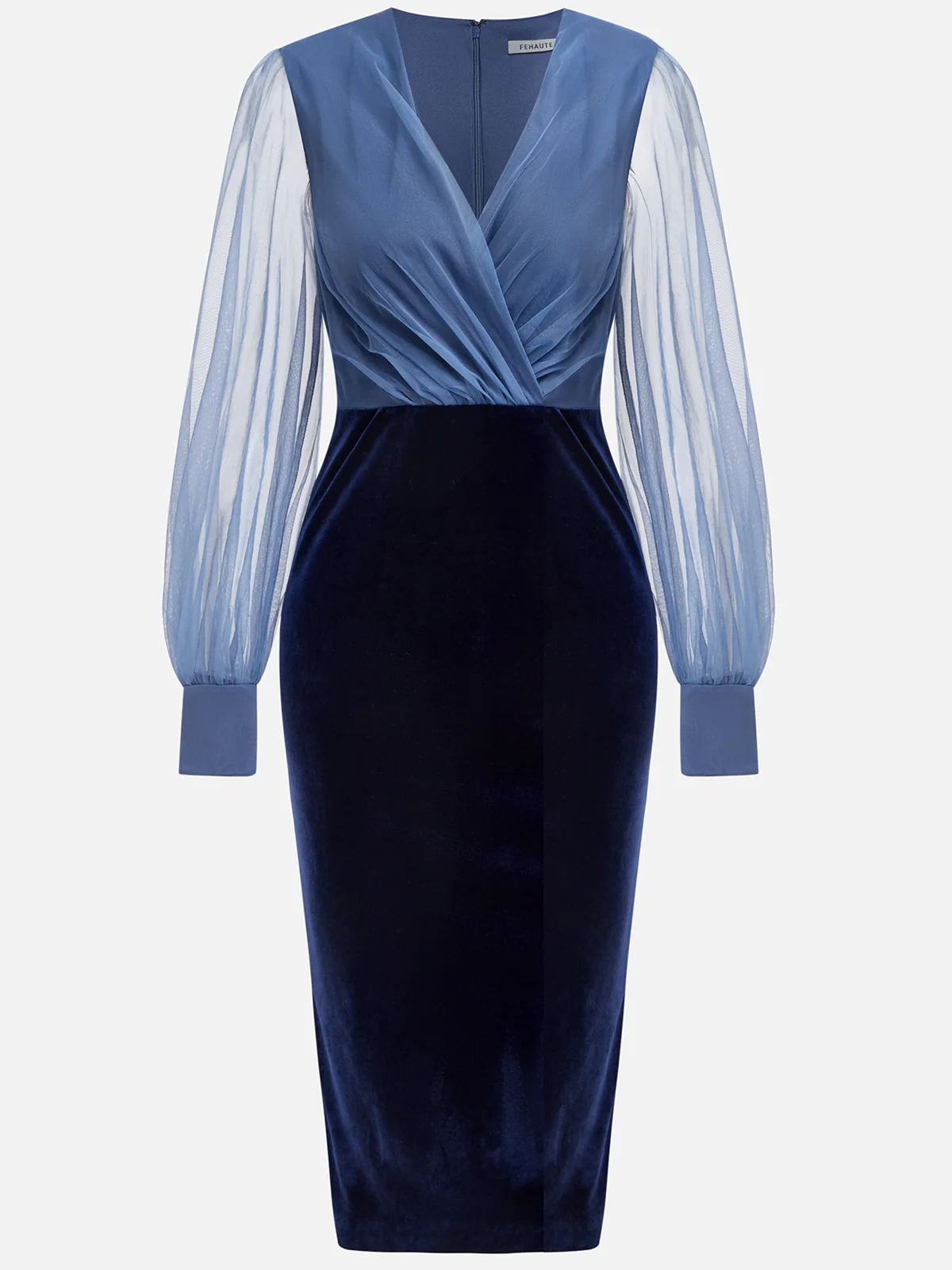 Purplish Blue Mesh Split Joint Balloon Sleeve Sheath Midi Velvet Dress