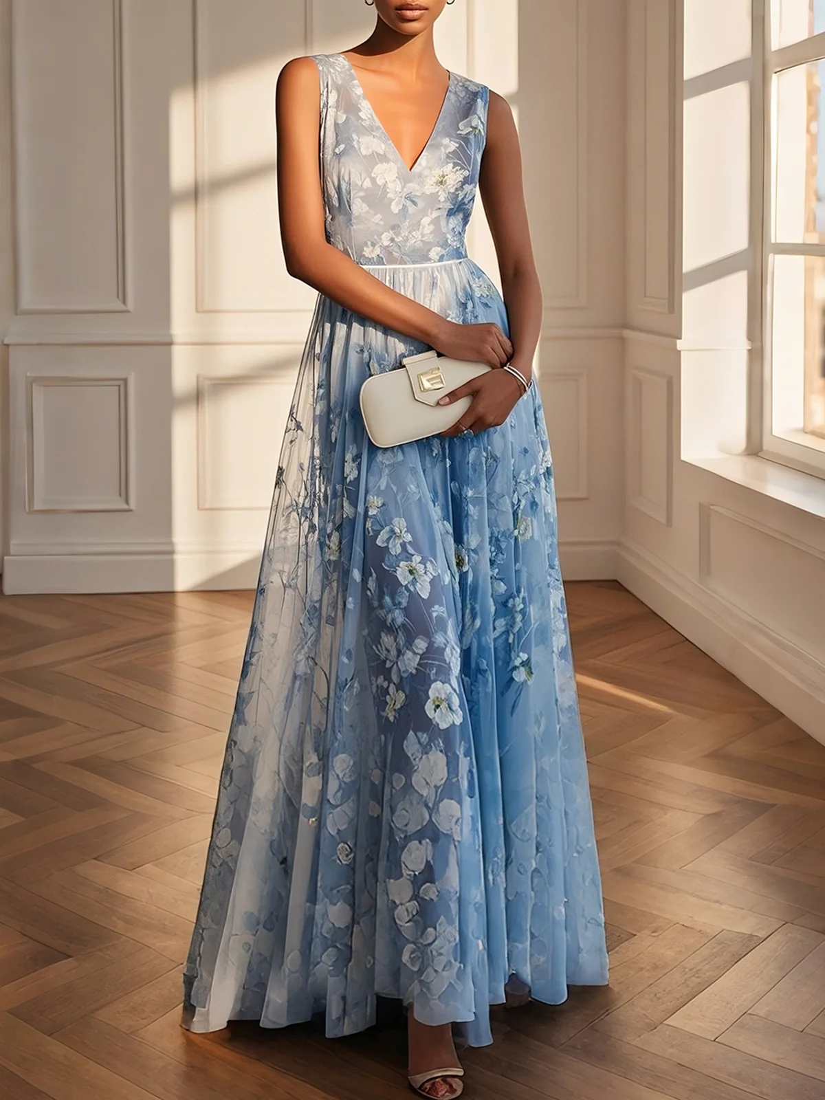 Light Blue Chiffon V Neck Sleeveless A-Line Maxi Dress