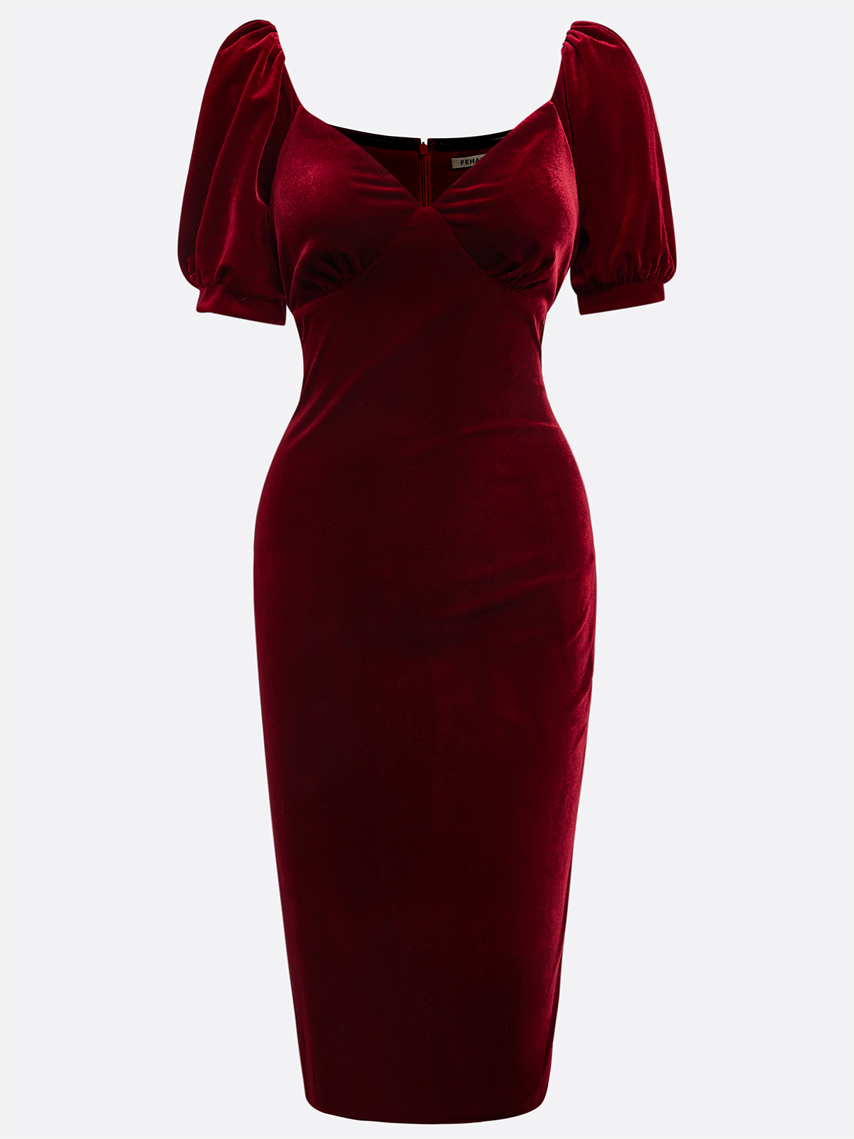 Wine Red Velvet Sweetheart Neckline Short Sleeve Puff Sleeve Sheath Midi Dress