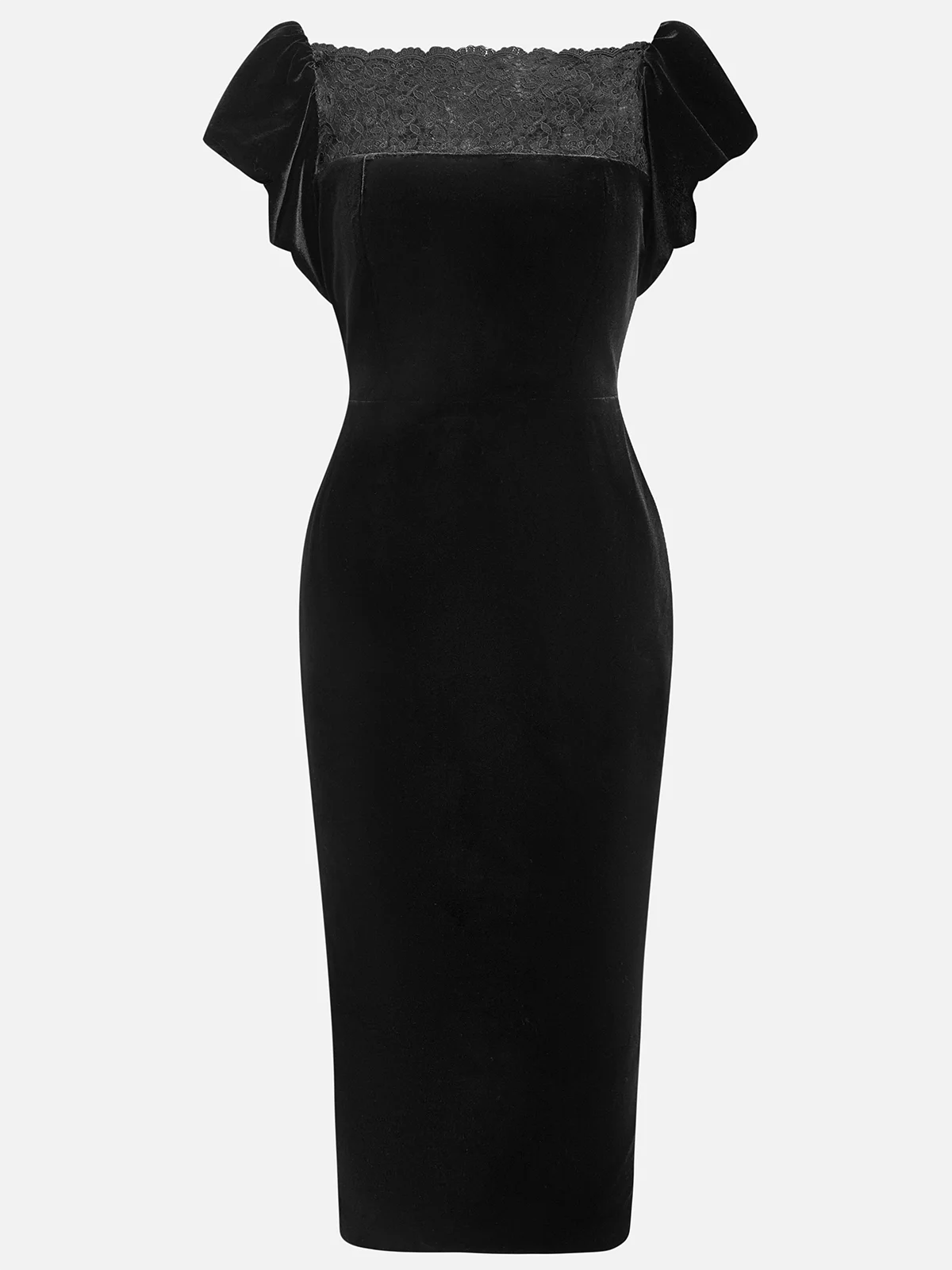 Black Lace Velvet Boat Neck Short Ruffle Sleeve Sheath Midi Dress