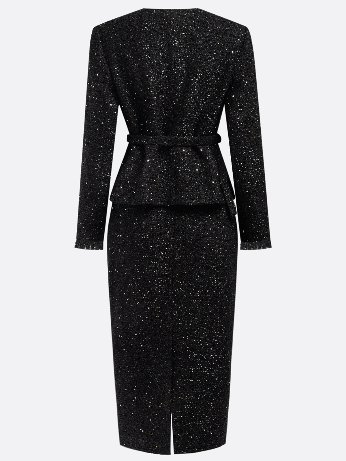 Women Black Beaded Crew Neck Long Sleeve Two-Piece Set