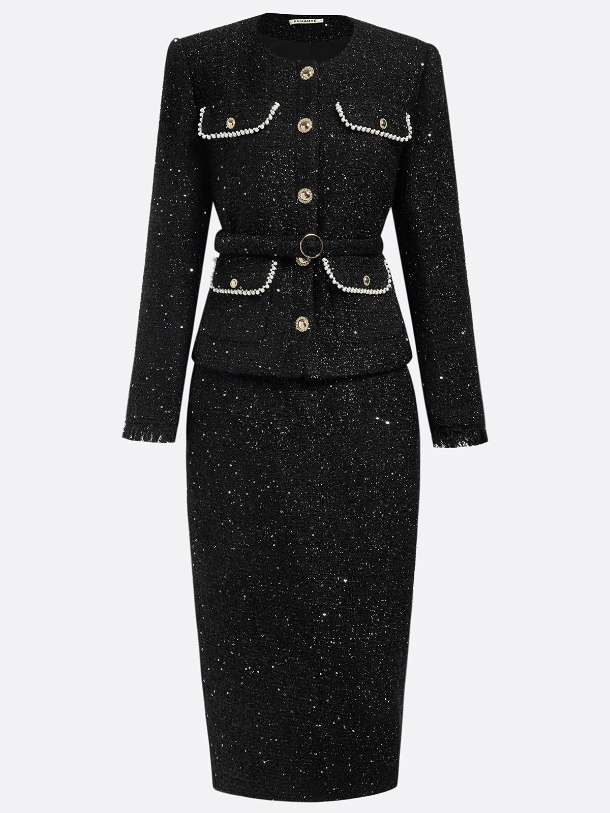 Women Black Beaded Crew Neck Long Sleeve Two-Piece Set