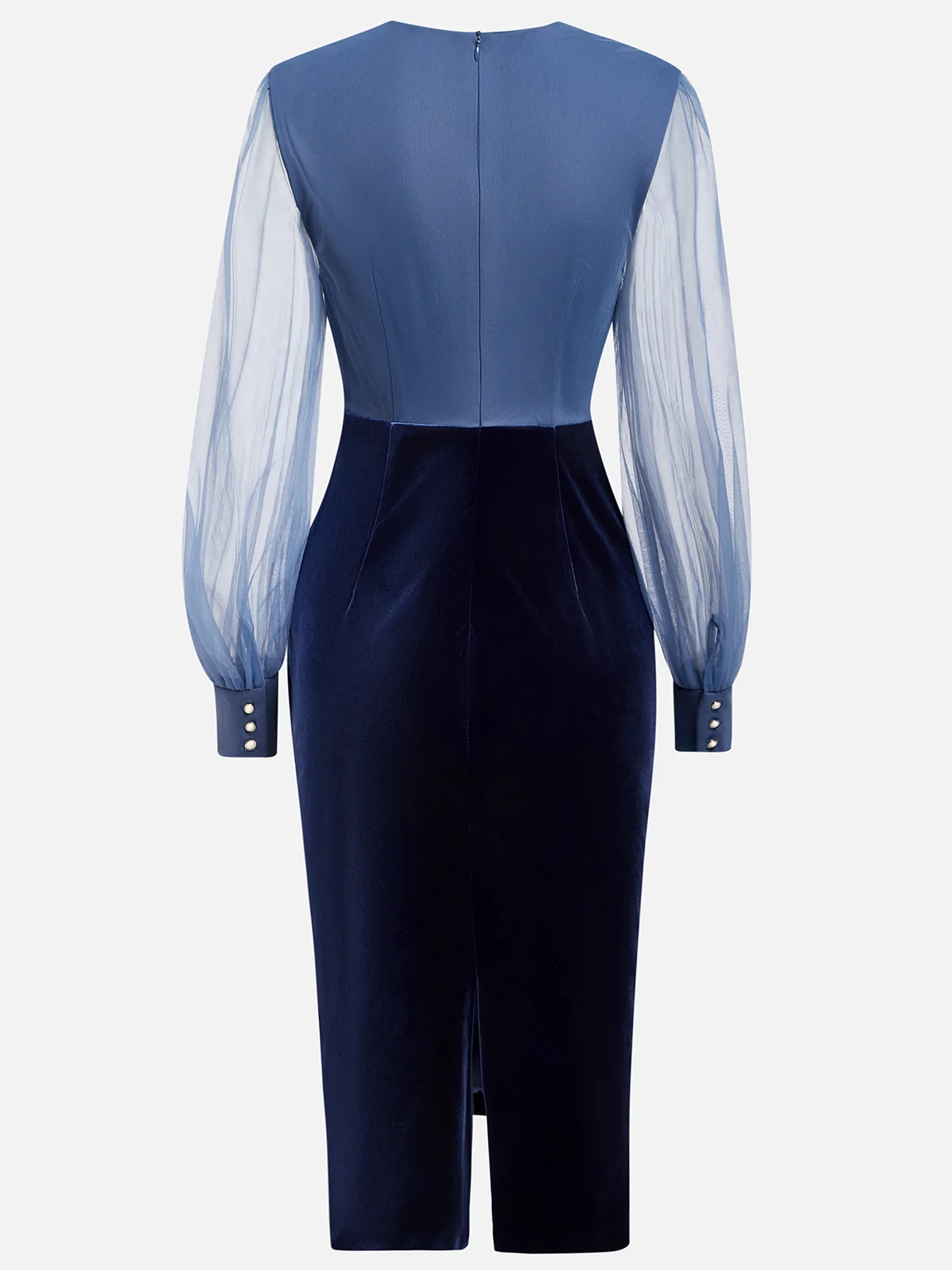Purplish Blue Mesh Split Joint Balloon Sleeve Sheath Midi Velvet Dress