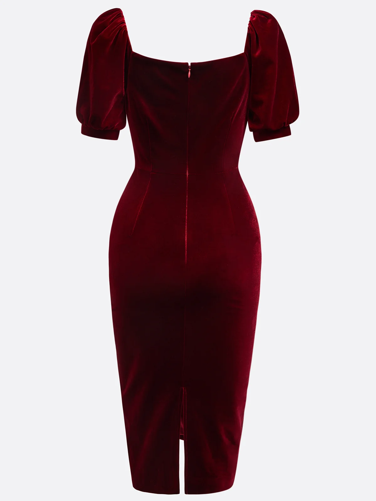 Wine Red Velvet Sweetheart Neckline Short Sleeve Puff Sleeve Sheath Midi Dress