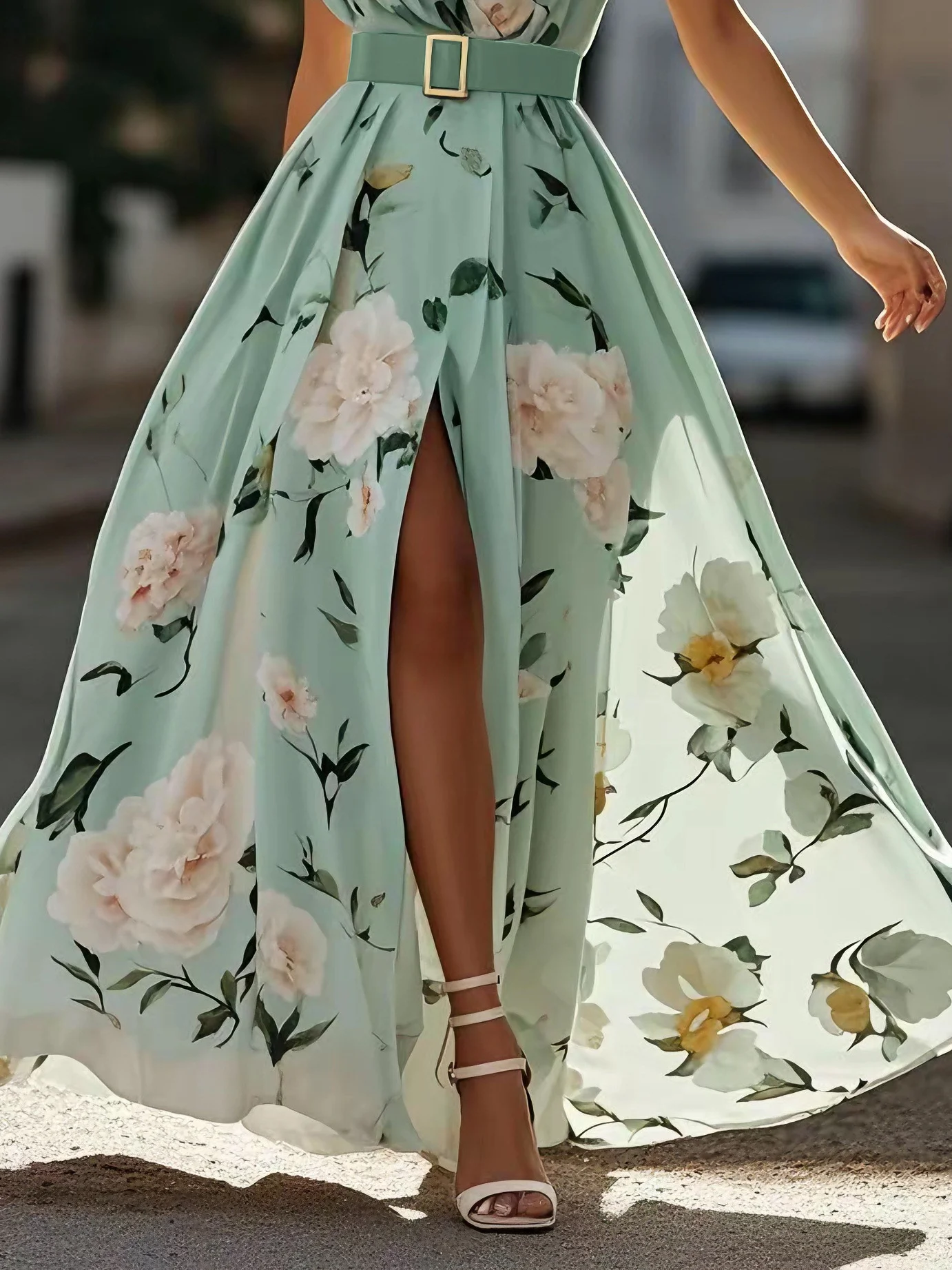 Light Green Ruched One Shoulder A-Line Maxi Chiffon Dress