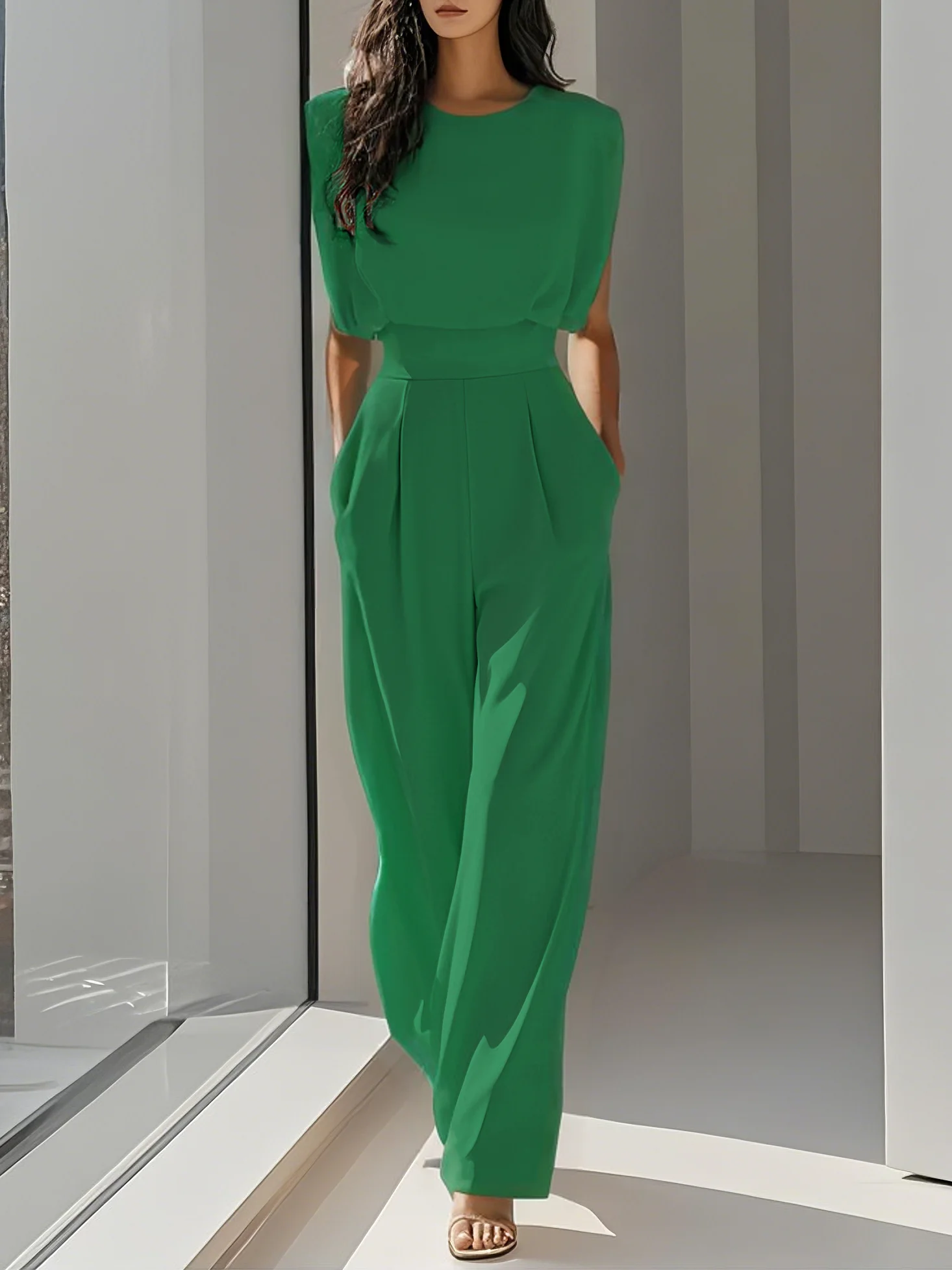 Green Crew Neck Plain Ruched Urban Jumpsuit