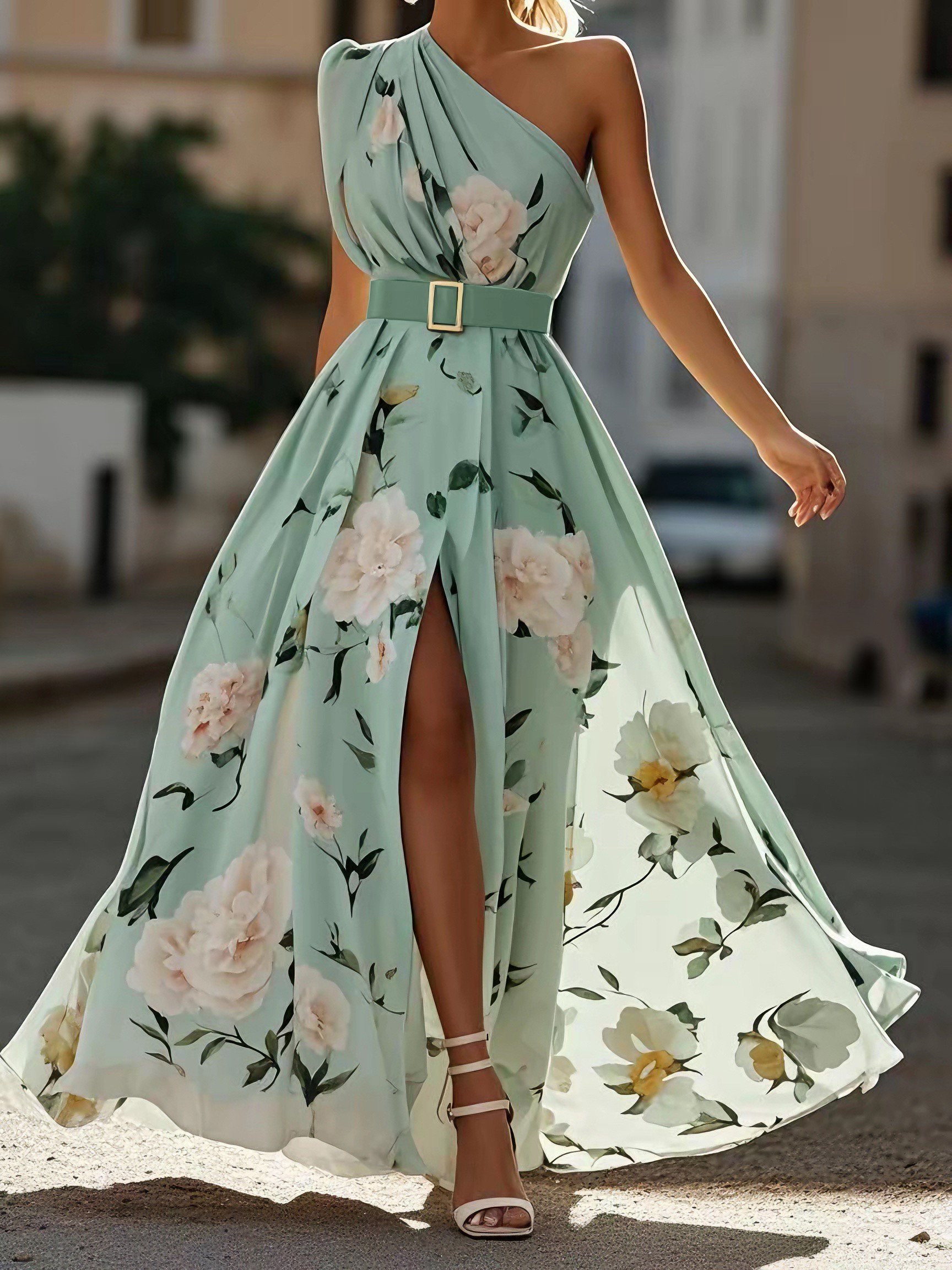 Light Green Ruched One Shoulder A-Line Maxi Chiffon Dress