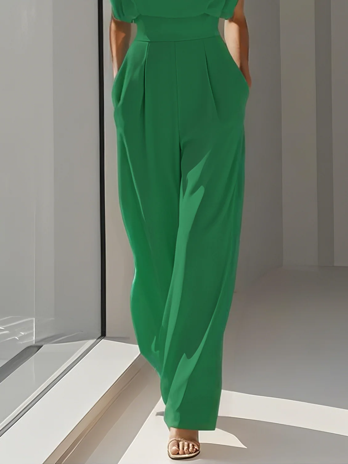 Green Crew Neck Plain Ruched Urban Jumpsuit