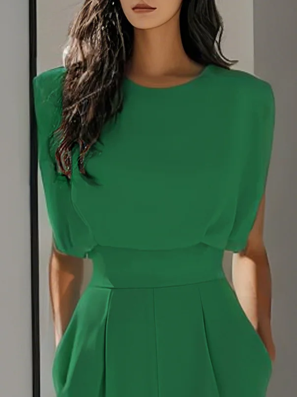 Green Crew Neck Plain Ruched Urban Jumpsuit