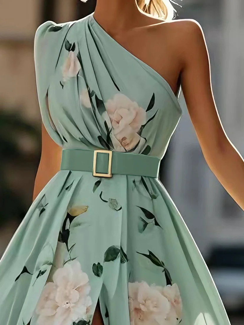 Light Green Ruched One Shoulder A-Line Maxi Chiffon Dress