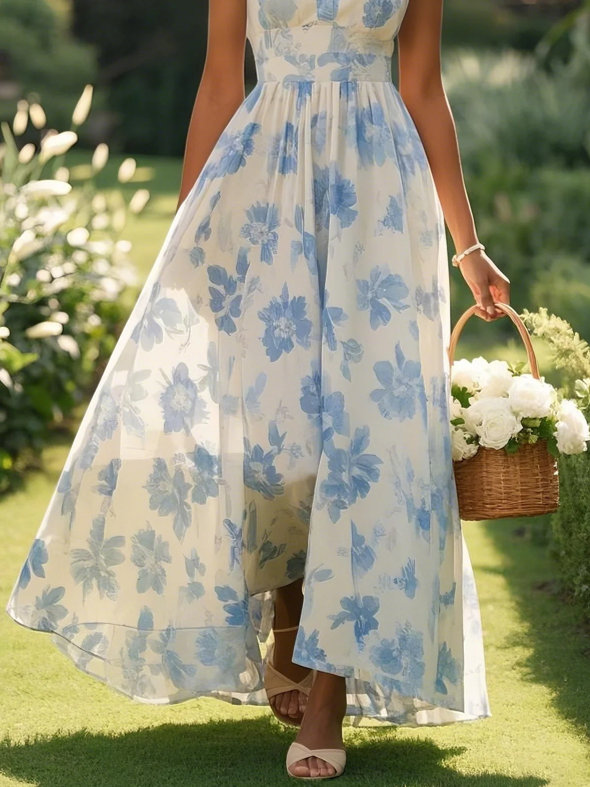 Light Blue Chiffon Floral V Neck Sleeveless A-Line Maxi Dress
