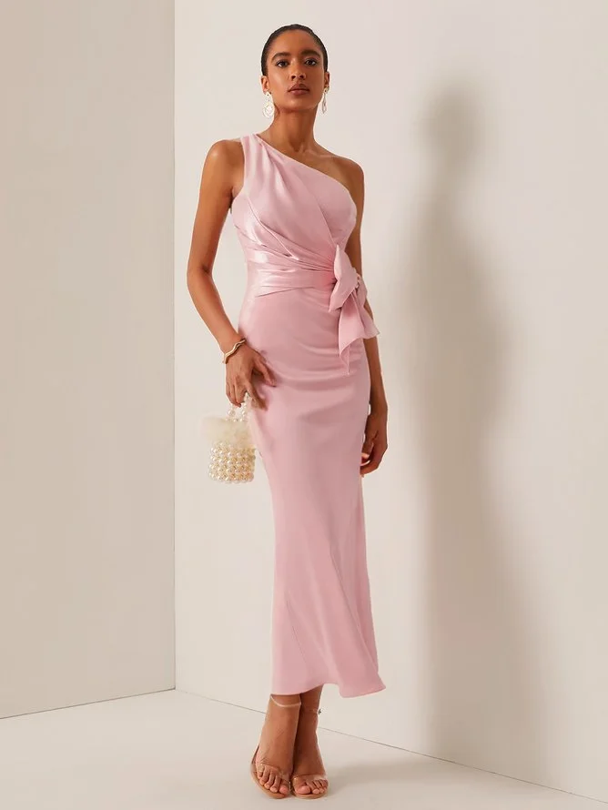 Pink Bow One-Shoulder Satin Sheath Maxi Dress 
