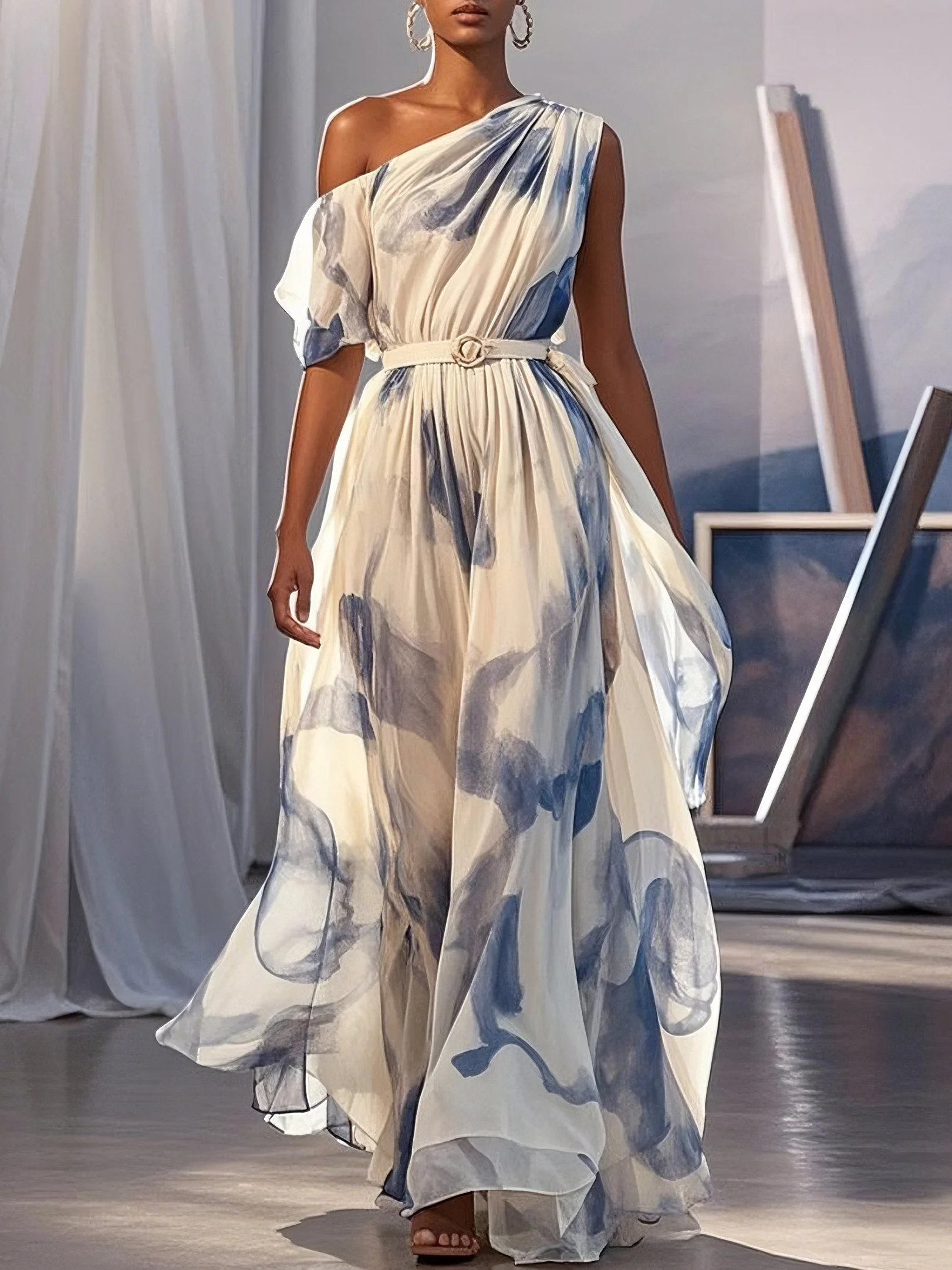 Blue Slit Chiffon One Shoulder Short Sleeve A-Line Maxi Dress