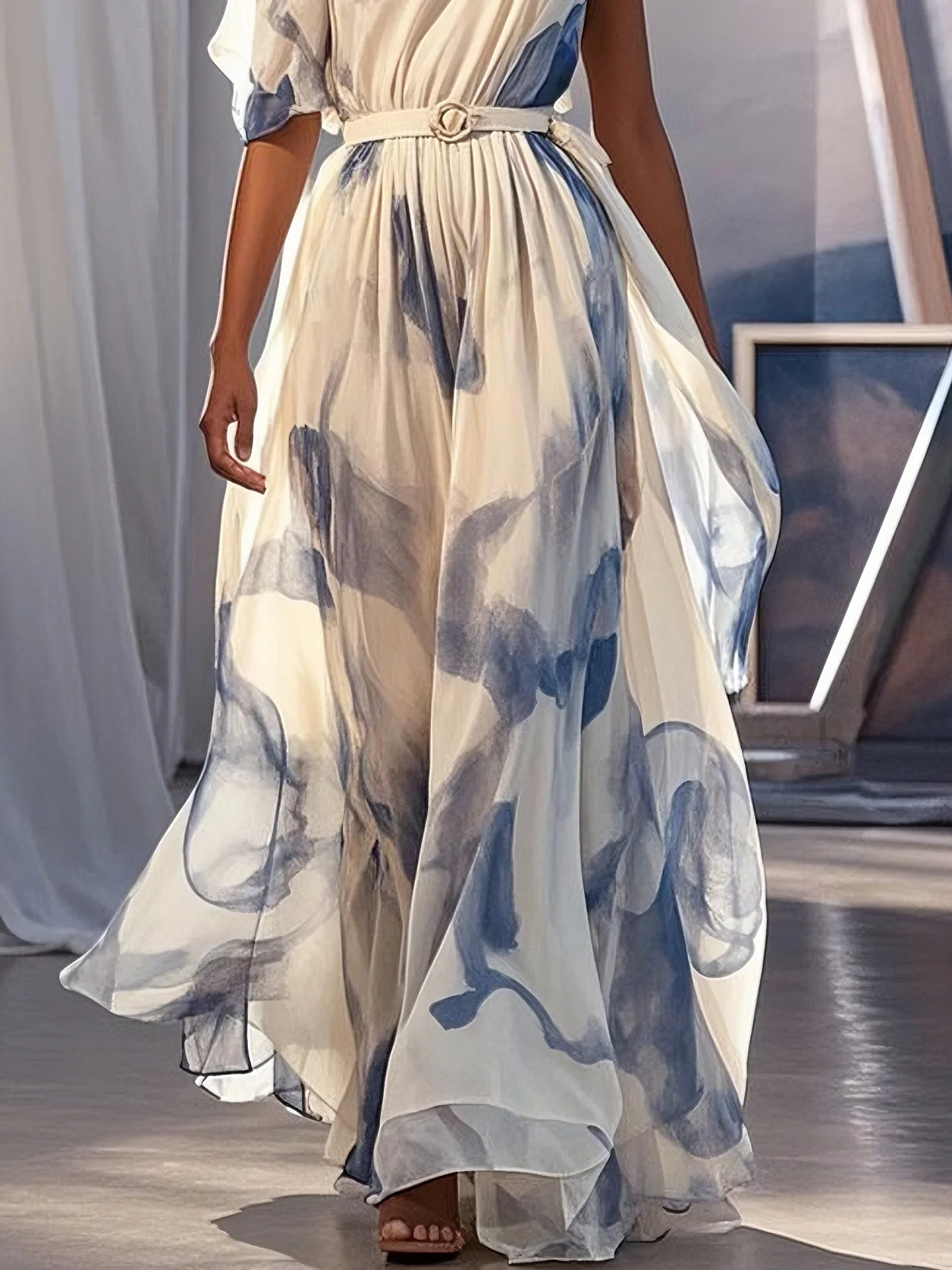Blue Slit Chiffon One Shoulder Short Sleeve A-Line Maxi Dress