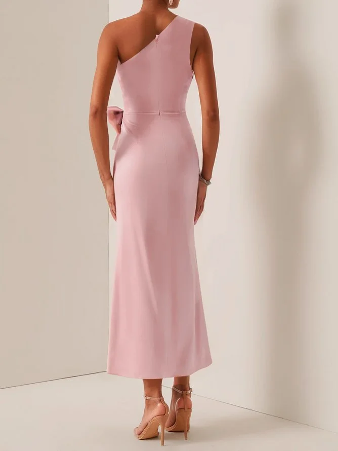 Pink Bow One-Shoulder Satin Sheath Maxi Dress 