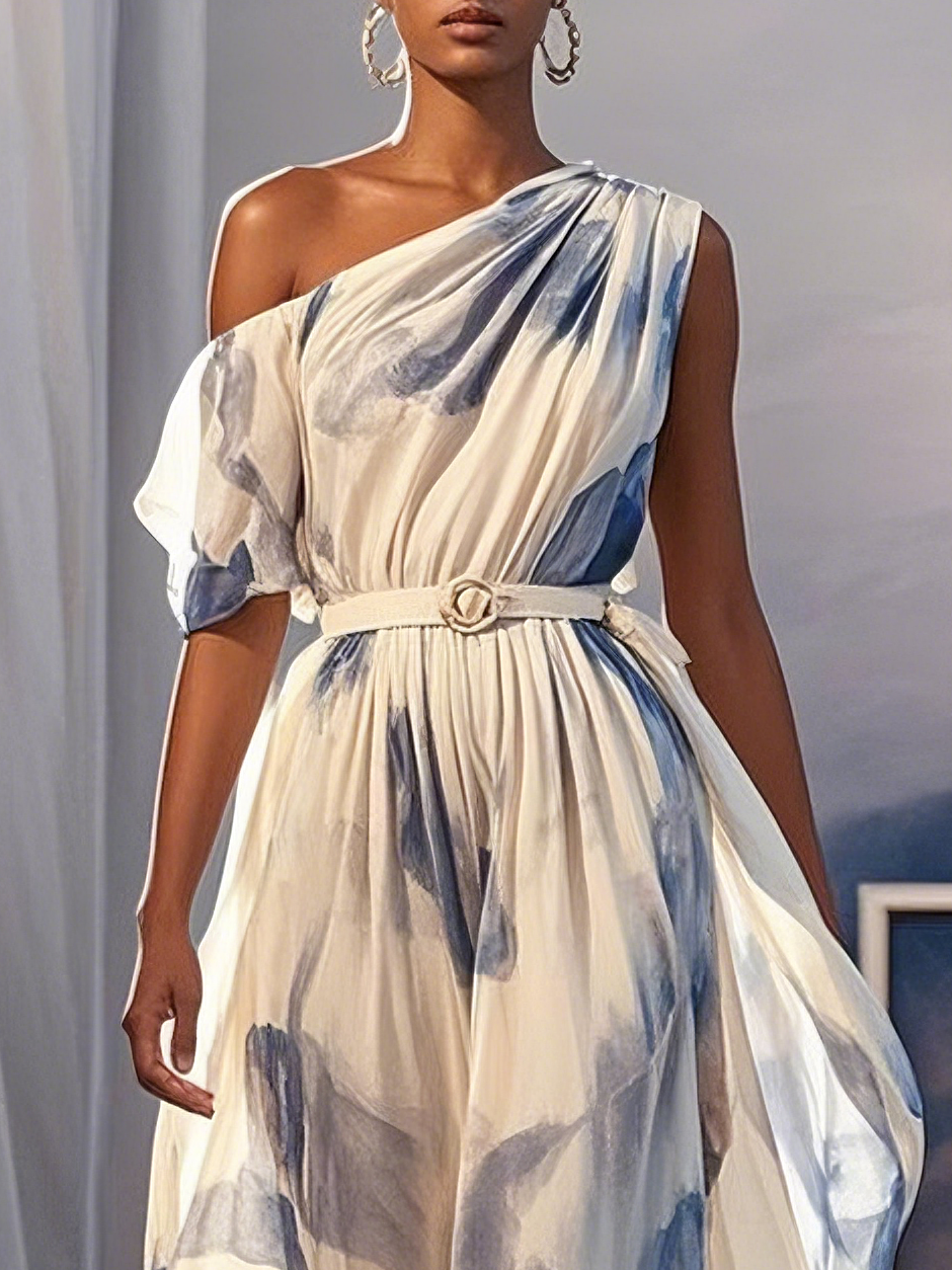 Blue Slit Chiffon One Shoulder Short Sleeve A-Line Maxi Dress