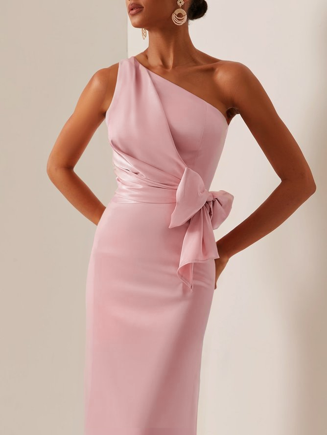 Pink Bow One-Shoulder Satin Sheath Maxi Dress 