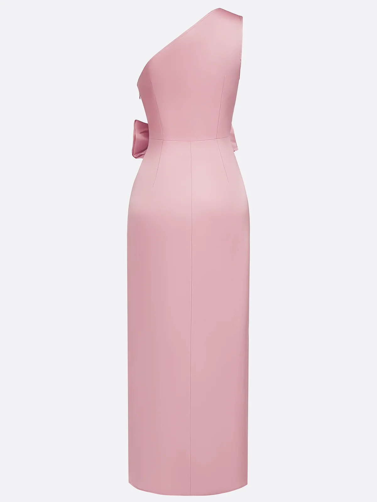 Pink Bow One-Shoulder Satin Sheath Maxi Dress 