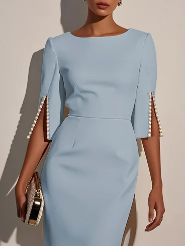 Light Blue Imitation Pearls Classic Crew Neck Half Sleeve Sheath Midi Dress